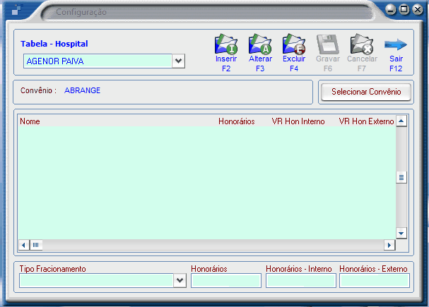 Tela de Configuração de Tabela dos Hospitais.